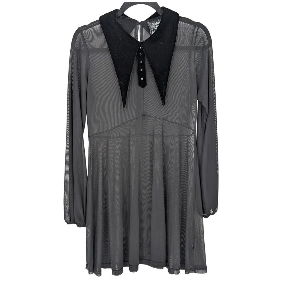 Killstar Mesh Dress Womens L Black Sheer Velvet Pointed Collar Dress